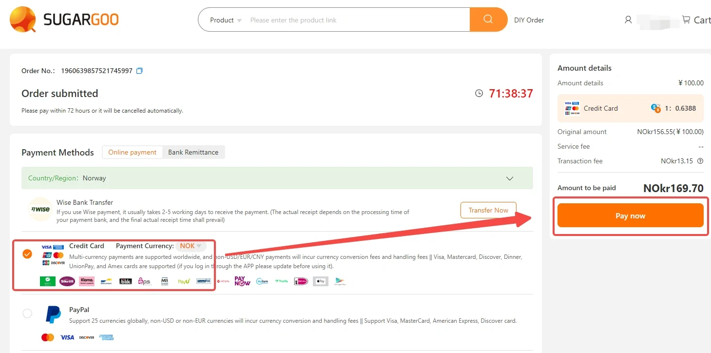 A Sugargoo order checkout screen showing Payment Methods with Credit Card selected, an amount breakdown and a Pay now button