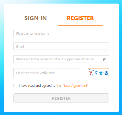 The Sugargoo registration form with SIGN IN and REGISTER tabs and fields for username, email, password and a verification code