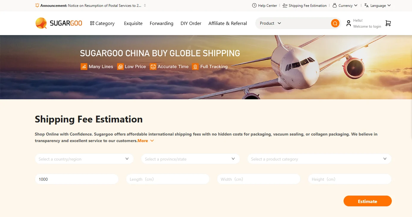 Sugargoo's shipping fee estimator with country, province and category selectors, weight and parcel-size fields, and an Estimate button