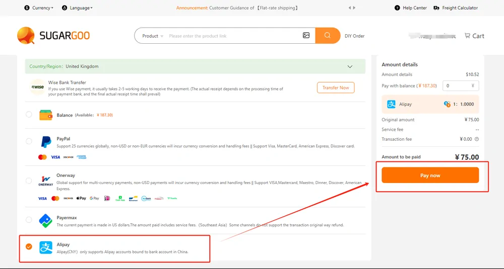 A Sugargoo checkout screen listing payment methods beside an amount breakdown; the figures are the platform's own example values
